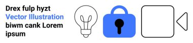 Light bulb icon, blue padlock with keyhole, video camera icon, and sample placeholder text. Ideal for technology, creativity, security, multimedia, education, information, and communication themes clipart