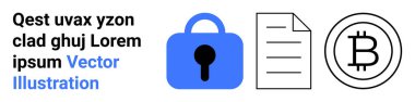 Mavi kilit simgesi, belge taslağı ve Bitcoin sembolü. Siber güvenlik, dijital finans, çevrimiçi mahremiyet, engelleme teknolojisi, güvenli işlemler, veri koruması ve fintech görseller için ideal