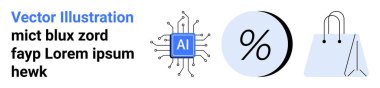 Devreli yapay zeka çipi, siyah-beyaz yüzdelik sembol ve mavi alışveriş çantası. Teknoloji, pazarlama, yapay zeka, e-ticaret, indirimler, perakende satış ve analitik temalı web siteleri için ideal. İniş sayfası