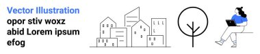 Bina koleksiyonu, stilize ağaç, dizüstü bilgisayarı olan bir kadın. Teknoloji, iş hayatı dengesi, modern yaşam, kentsel gelişim, uzak çalışma, açık hava aktiviteleri, rahatlama temaları için ideal