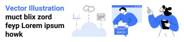 Veri tablosu olan bir bulut, nakit para sayfasındaki bir adam, pano ile ekranı gösteren bir kadın. Teknoloji girişimleri, fintech, veri analizi, bulut hesaplama, çevrimiçi hizmetler, müşteri ilişkileri için ideal