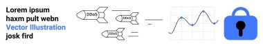 DDoS etiketli üç füze dalgalı bir grafiğe doğru ilerliyor. Mavi kilit simgesi siber güvenliği simgeliyor. Siber güvenlik eğitimi için ideal, çevrimiçi güvenlik, bilişim analizi, ağ koruması, veri
