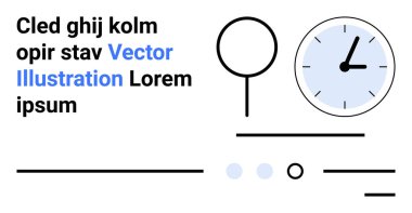 Siyah çizgiler, yazı ve mavi ve siyah yuvarlak sembollü soyut saat. Çağdaş tasarımlar, zaman yönetimi kavramları, iniş sayfaları, modern planlar, eğitim materyalleri için ideal