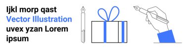 Bir kalem, yay ve ijkl morp qast, uvex yzan Lorem ipsum ile paketlenmiş hediye kutusu. Promosyon malzemeleri, markalaşma, hediye ile ilgili içerik, yazma temaları, durağanlık için ideal