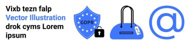 Kilitli GDPR kalkan simgesi, kilit anahtarı olan el çantası ve sembol mavi. Veri güvenliği, gizlilik politikaları, iletişim, dijital kimlik, çevrimiçi güvenlik, içerik oluşturma bilgileri için ideal