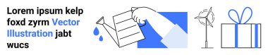El sulama bitkileri, rüzgar türbini, hediye kutusu ve lorem ipsum metni. Çevresel farkındalık, yenilenebilir enerji, sürdürülebilirlik, büyüme, kutlama sunumları için ideal eğitim materyali