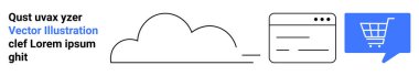 Mesaj, mavi bulut, tarayıcı penceresi, konuşma balonunda alışveriş arabası. Bulut hesaplama, çevrimiçi alışveriş, dijital pazarlama, e-ticaret platformları, web geliştirme, dijital dönüşüm için ideal. İniş