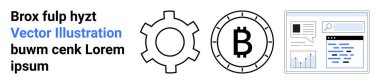 Vites simgesi, Bitcoin sembolü, tablolar ve verilerle dijital panel, mavi ve siyah renkler, lorem ipsum metin. Engelleme zinciri, kripto para birimi, fintech, yazılım, veri analizi, teknoloji, kullanıcı için ideal