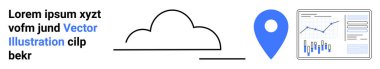 Siyah bulut çizgisi, mavi lokasyon iğnesi ve analitik grafik. Teknoloji, navigasyon, veri analizi, bulut hesaplama, yer belirleme, iş zekası, istatistiksel raporlar için idealdir. İniş sayfası