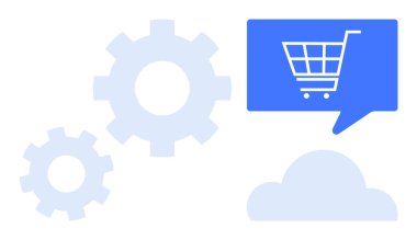 Vitesler, bulutun üstündeki bir konuşma baloncuğunun içinde alışveriş arabasının arkasında birleşiyor. Çevrimiçi alışveriş, e-ticaret, teknoloji, bulut hesaplama, otomasyon, dijital pazarlama, müşteri