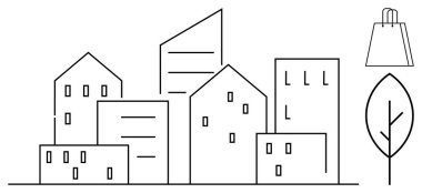 Çeşitli geometrik binaları olan şehir manzarası, tek ağaç ve minimalist çizgi tarzında alışveriş torbası. Şehir planlama, emlak, sürdürülebilirlik, iş, alışveriş tasarımı için ideal. Çizgi