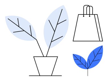 Mavi yapraklı saksı bitkisi, saplı bir alışveriş çantası ve mavi yapraklı bir şekil. Çevre dostu kampanyalar, alışveriş temaları, doğa çizimleri, botanik tasarımlar, minimalist sanatlar için idealdir.