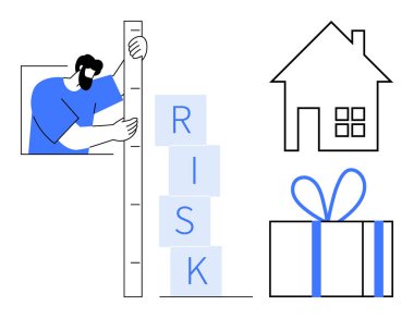 Adam risk bloklarını, evi ve hediye kutusunu ölçmek için cetvel kullanıyor. İş, finans, ev güvenliği, hediyeler, planlama, risk yönetimi değerlendirmeleri için idealdir. Satır metaforu