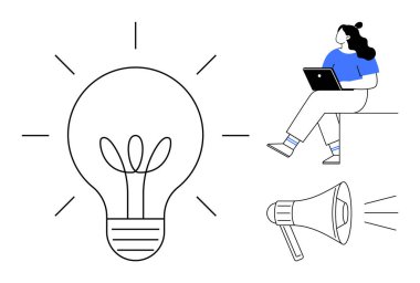 Dizüstü bilgisayarı olan bir kadın, fikirleri simgeleyen büyük bir ampul ve iletişimi simgeleyen bir megafon. Yaratıcılık, beyin fırtınası, takım çalışması, pazarlama, eğitim, yenilik, dijital içerik için ideal