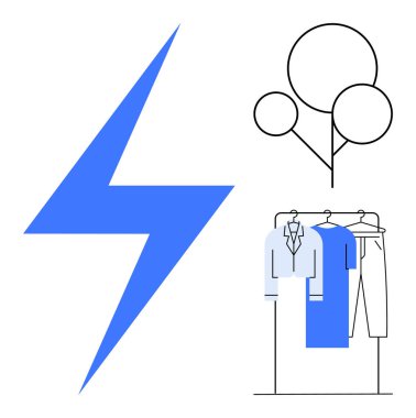 Blue lightning bolt, minimalistic tree, and clothing on a rack emphasizing stylish, eco-friendly fashion. Ideal for sustainability, nature, eco-fashion, energy minimalism green living. Line clipart