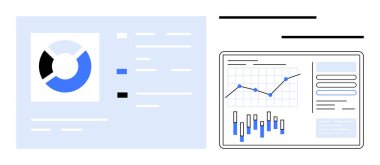 İş performansını analiz etmek için dijital ekranlarda gösterilen turta grafiği ve çubuk grafiği. Finansal raporlar, piyasa araştırmaları, veri analizleri, iş sunumları için ideal