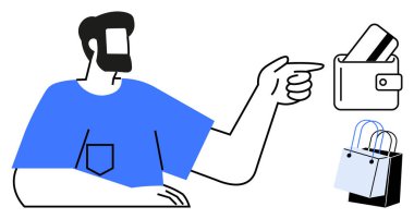 Alışveriş çantalarının yanında kredi kartıyla cüzdanını gösteren bir adam. E-ticaret, alışveriş, çevrimiçi ödeme, dijital cüzdan, tüketici davranışı, perakende satış, finansal işlemler için ideal. Satır metaforu