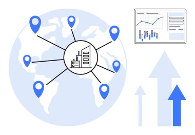 Merkezi iş simgesine bağlı yer işaretleri olan dünya haritası, artan performans ve yukarı doğru oklar gösteren büyüme grafiği. Uluslararası iş için ideal, ekonomik büyüme, küresel