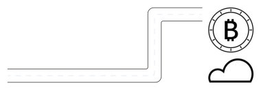 Bükülmüş bir çizgi ile bulut grafiğine bağlı dairesel Bitcoin sembolü. Kripto para birimi, engelleme zinciri teknolojisi, dijital işlemler, bulut hesaplama, finansal hizmetler, fintech