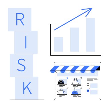 RISK, yukarı doğru grafik oku ve ürün simgeleriyle çevrimiçi atölye arayüzünü engeller. İş stratejisi, mali tahminler, risk yönetimi, e-ticaret, piyasa analizi, büyüme için ideal