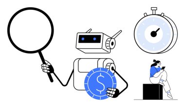 Robot elinde büyüteç ve dolar işareti olan bir bozuk para, okuyan bir kız, kronometre. İş analizi, finans, teknoloji, verimlilik, araştırma, yenilik ve üretkenlik için ideal