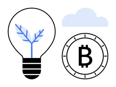 Bitki dostu yeniliği sembolize eden bir ampul, kripto para birimini temsil eden bir Bitcoin sembolü ve bulut teknolojisi için bir bulut. Teknoloji girişimleri, sürdürülebilirlik, finans ve yenilik için ideal