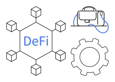 Küplere bağlı DeFi etiketli altıgen blok zinciri, kayışlı iş çantası, çark. Fintech, kripto para birimi, dijital yenilik, iş stratejisi, teknoloji, engelleme zinciri için ideal