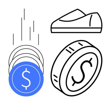 Madeni para birikintilerinin yanında madeni para birikintileri düşüyor ve büyüyor. Ayakkabılar maddi büyüme ve ekonomik unsurları sembolize ediyor. Bankacılık, tasarruflar, yatırımlar, finans, zenginlik yönetimi, işletme için ideal