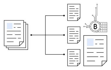 Çoklu belgeler ve Bitcoin sembolü arasında merkezi bir bağlantı olan diyagram. Engelleme zinciri, kripto para birimi, merkezi olmayan sistemler, veri güvenliği ve dijital işlem temaları için ideal. Özet