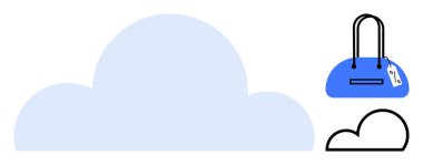 Büyük, sert ve çizgili bulut şekillerinin yanında etiketli mavi spor çantası. Seyahat, bagaj, depolama, organizasyon, açık hava aktiviteleri, alışveriş ve markalaşma için ideal. Satır metaforu