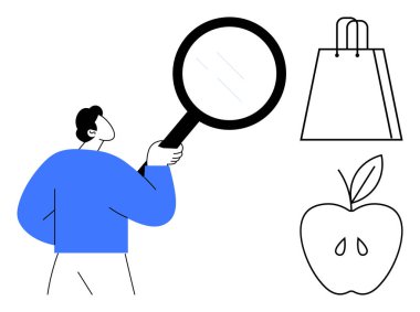 Elinde büyüteç tutan bir adam, alışveriş torbası ve elmayı inceliyor. Kalite kontrol, ürün denetimi, tüketici farkındalığı, perakende analizi, sağlıklı beslenme, eğitim materyalleri için ideal