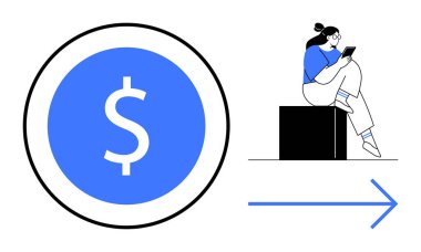 Akıllı telefon kullanan bir kadın büyük para ve okun yanında oturuyor. Finansal planlama, mobil bankacılık, yatırım, teknoloji, dijital yaş, kullanıcı katılımı ve ekonomi için ideal