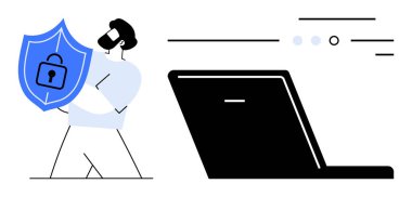 Kilit sembollü bir kalkan tutan kişi dizüstü bilgisayarın yanında duruyor. Siber güvenlik, veri koruması, çevrimiçi güvenlik, bilgisayar güvenliği, bilişim yönetimi, gizlilik politikaları, ağ koruması için ideal