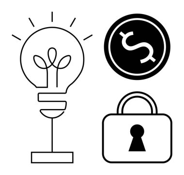 Bitki filizli ampul, bozuk para ve kilit yeniliği, finansal güvenliği ve gizliliği simgeliyor. İş stratejisi, finans, girişimcilik, girişimcilik güvenliği için ideal