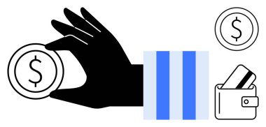 Dolar işareti, dikey çizgiler, içinde kart ve para sembolü olan el ele tutuşan para. Ekonomiyi finanse etmek, bankacılık, tasarruf, harcama işlemleri için idealdir. Satır metaforu