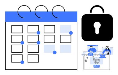 Planlanan görevlerin takvimine bir kilit sembolü ve çevrimiçi alışveriş sahnesi eşlik ediyor. Üretkenlik, zaman yönetimi, güvenlik farkındalığı, e-ticaret planlaması, bilişim güvenliği için ideal