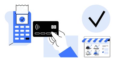 Kredi kartını ödeme terminali, alışveriş sitesi ve işaretleme noktasında tutuyor. E-ticaret, çevrimiçi ödemeler, temassız işlemler, iş finansmanı, dijital alışveriş, perakende satış, güvenli