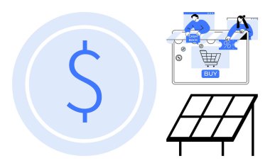 Dolar işareti, e-ticaret alışveriş arabası, nakit para, indirim simgeleri, güneş paneli. Finans, e-ticaret, yenilenebilir enerji, sürdürülebilirlik, tasarruf yatırımları akıllı alışveriş için idealdir. Çizgi