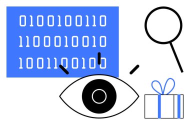 İkili kod bloğu, stilize edilmiş göz simgesi, büyüteç, hediye kutusu. Yazılım geliştirme, veri gizliliği, siber güvenlik, dijital pazarlama e-ticaret eğitim teknolojisi girişimleri için idealdir. Çizgi