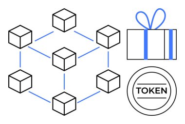 Blockchain network represented by connected cubes, a gift box with a blue ribbon, and a round token. Ideal for cryptocurrency, blockchain technology, digital rewards, decentralized apps, online clipart