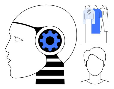 Profile of a human-robot hybrid head with a blue gear inset, clothing on hangers, and a faceless person outline. Ideal for technology, automation, artificial intelligence, fashion, identity clipart