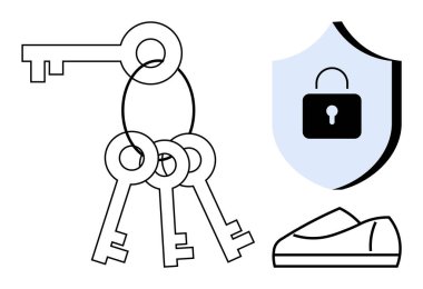 Siyah kilit ikonu ve basit bir ayakkabısı olan mavi bir kalkanın yanındaki gümüş yüzüğün üzerinde birden fazla siyah çizgili anahtar var. Güvenlik, koruma, erişim, güvenlik, ayakkabı, güvenilirlik ve güven için ideal. Çizgi