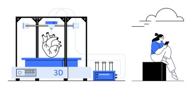 Advanced 3D printer creating a heart model while a person sits, reading on a tablet. Ideal for medical innovation, technology, research, education, health, future and creativity. Line metaphor clipart