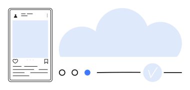 Social media post next to a cloud storage icon with three loading dots and a blue verified checkmark. Ideal for cloud computing, social media, online validation, internet security, digital storage clipart