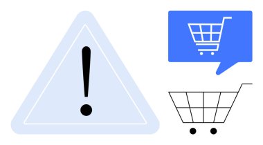 Ünlem işaretli uyarı üçgeni, alışveriş arabalı mavi mesaj balonu, çizilmiş el arabası. E-ticaret, çevrimiçi alışveriş, güvenlik, risk yönetimi, mağazalar, dijital pazarlama için ideal