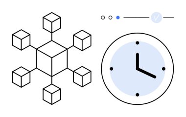 Siyah elli bir saat, birbirine bağlı küplerden oluşan bir ağ ve mavi noktalı bir ilerleme göstergesi. Zaman yönetimi, programlama, ağ oluşturma, üretkenlik, teknoloji iş akışı organizasyonu için idealdir. Çizgi