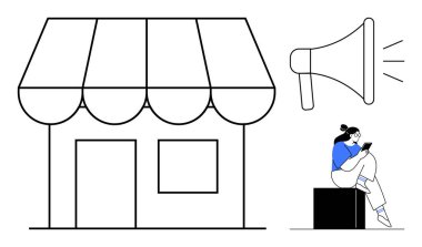 Tenteli küçük bir vitrin, megafon yansıtma sesi ve tablet kullanan bir kişi. Pazarlama stratejileri için ideal, küçük işletme promosyonları, dijital bağlantı, müşteri hizmetleri, çevrimiçi