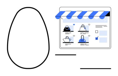 Mavi ve beyaz tente altında el çantası seçeneklerini gösteren dizüstü bilgisayar. E-ticaret, çevrimiçi alışveriş, moda perakendecisi, dijital pazarlama, web sitesi tasarımı, tüketici davranışı ve İnternet için ideal