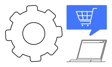 Alışveriş arabası ve dizüstü bilgisayarlı mavi konuşma balonunun yanında vites simgesi teknolojinin çevrimiçi alışverişe entegrasyonunu öneriyor. E-ticaret, otomasyon, teknoloji hizmetleri, internet sektörü için ideal