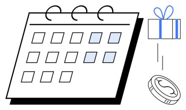 Paket hediye ve paranın yanında işaretlenmiş tarihlerle işaretlenmiş takvim. Etkinlik planlama, programlama, hatırlatıcılar, hediyeler, ödüller, tatiller ve finansal planlama için ideal. Satır metaforu